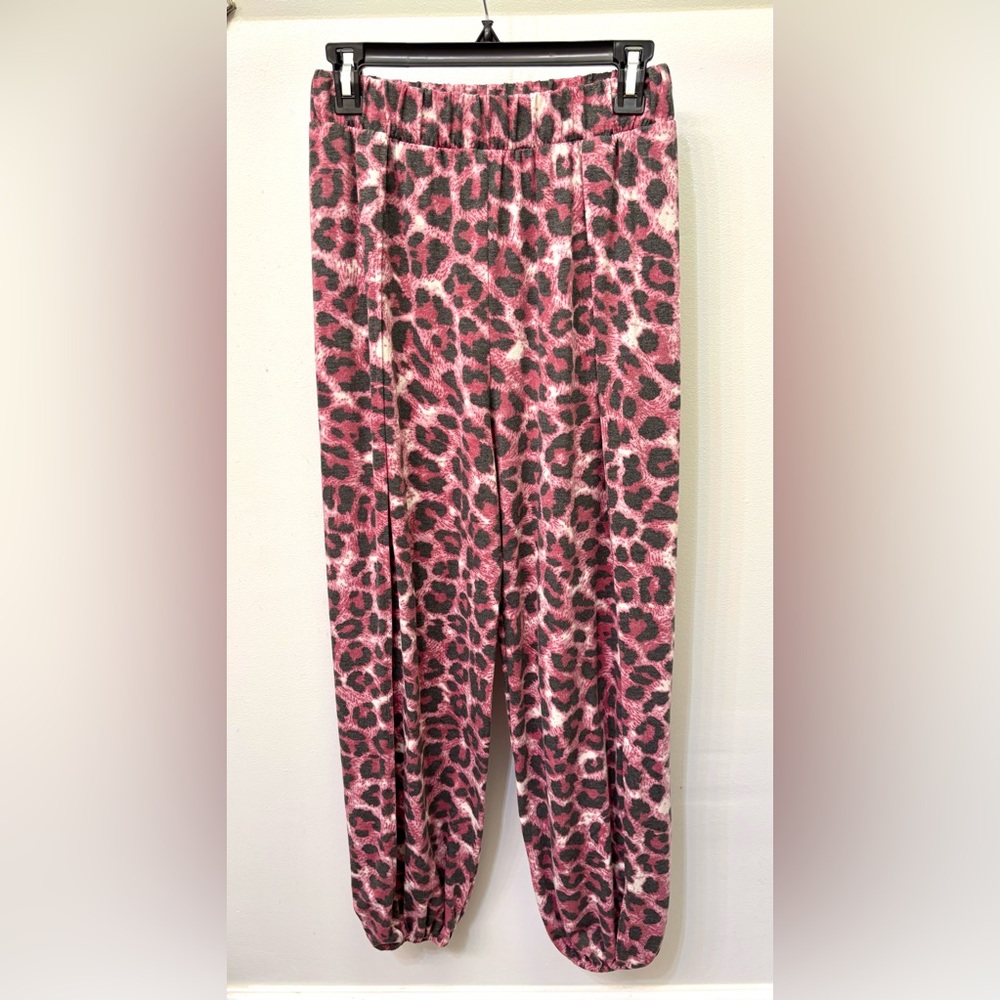 Pink Leopard Print Harem Jogger Pants with Side Slits